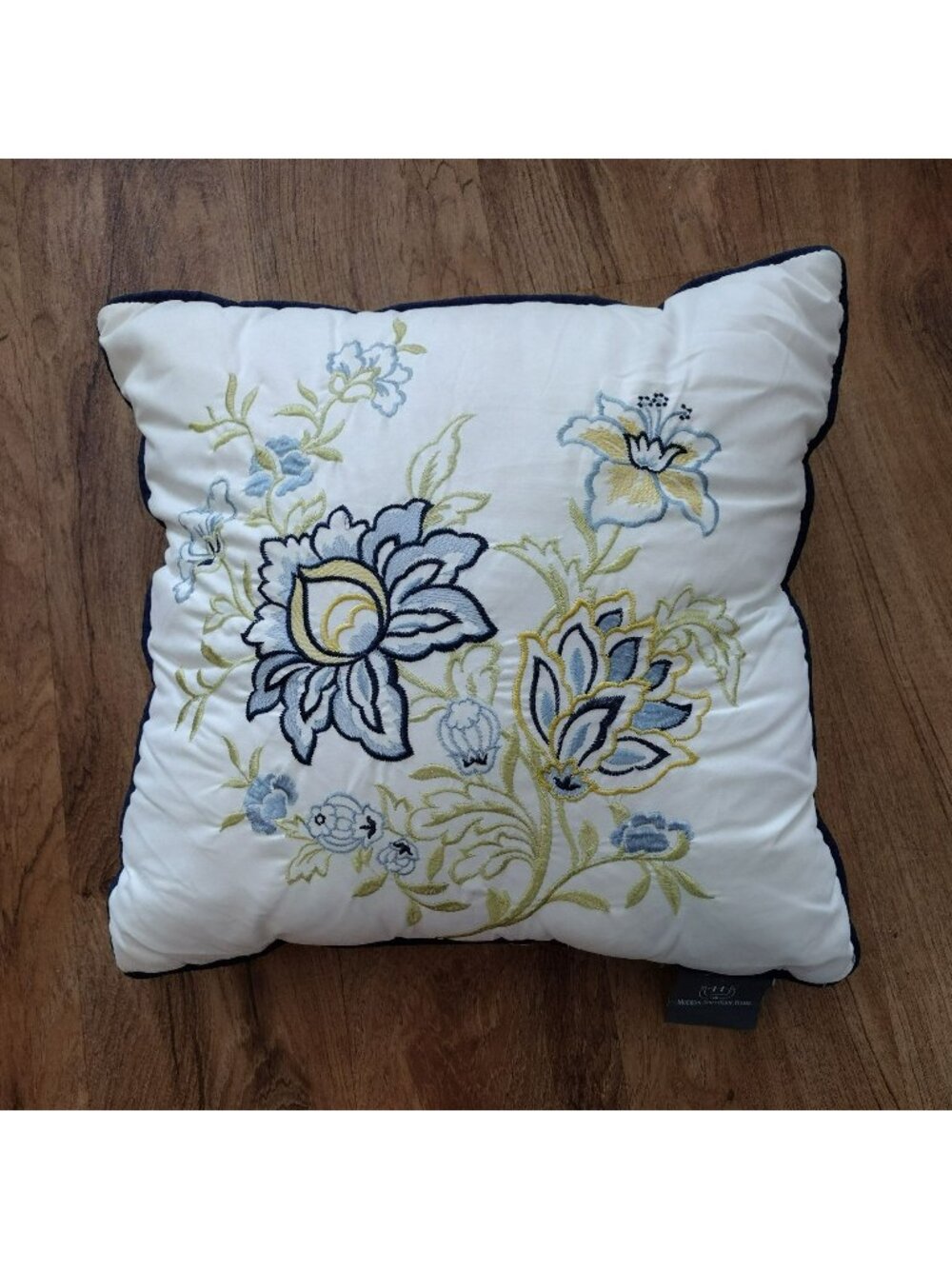 Embroidered Throw Pillow, Floral Blue Yellow Flowers, Modern Southern Home